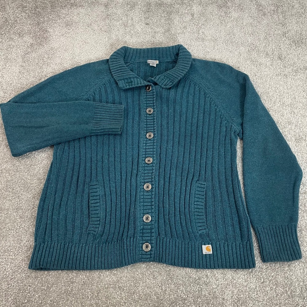 Carhartt Cardigan Sweater Womens Extra Large Knit Ribbed Button Front Teal